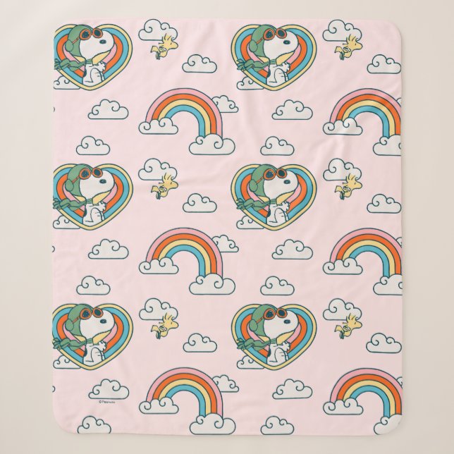 Snoopy & Woodstock Regenbogen Herzmuster Sherpadecke (Vorderseite)