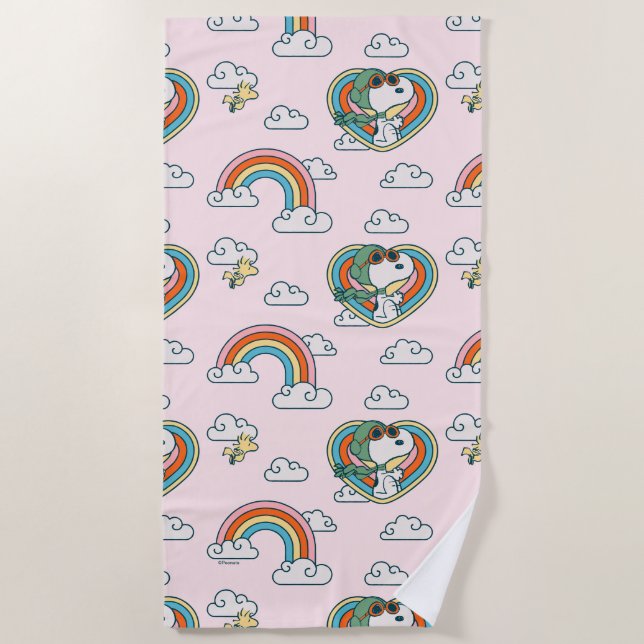 Snoopy & Woodstock Regenbogen Herzmuster Strandtuch (Vorderseite)