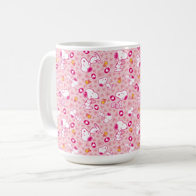 Snoopy & Woodstock rosa Herz Muster Kaffeetasse (Vorderseite Links)