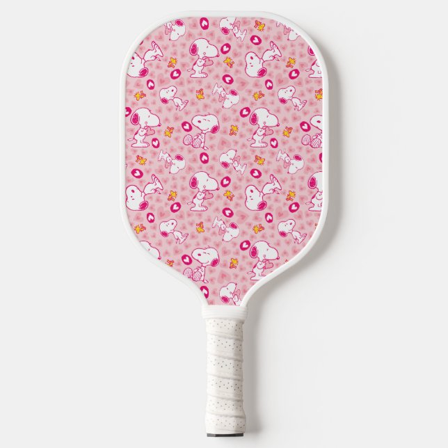 Snoopy & Woodstock rosa Herz Muster Pickleball Schläger (Vorderseite)