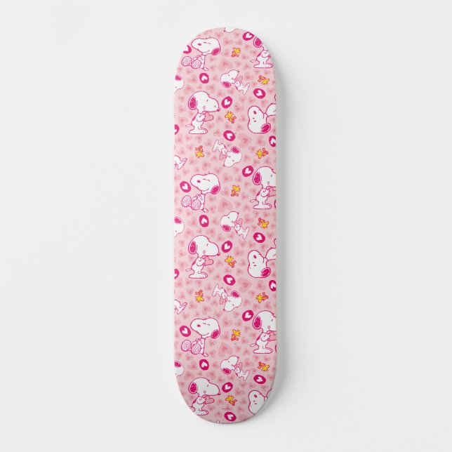 Snoopy & Woodstock rosa Herz Muster Skateboard (Vorderseite)