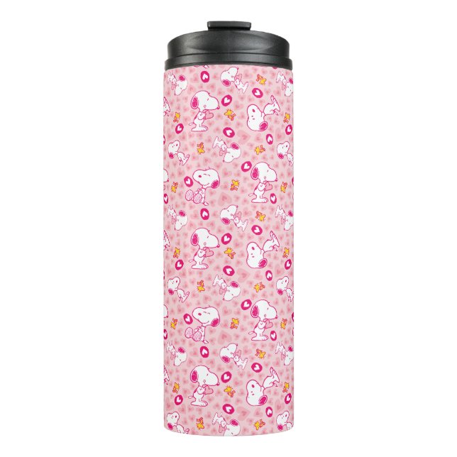 Snoopy & Woodstock rosa Herz Muster Thermosbecher (Vorderseite)