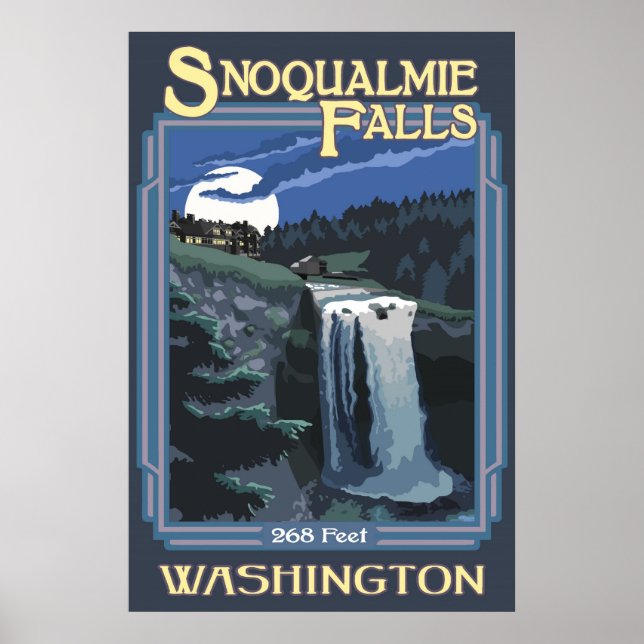 Snoqualmie Falls (Night) Washington Travel Poster (Vorne)