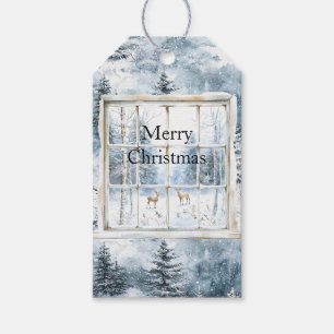 Snow Blue Christmas Trees Deer Window Geschenkanhänger