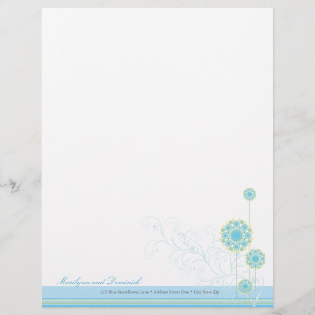 Snow Blume Wirbel Blue Wedding Letterhead Briefkopf (Vorderseite)