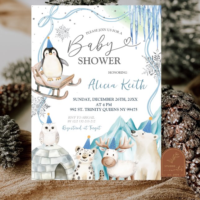 Snow Boy Winter Arctic Animals Baby Shower Einladung (Von Creator hochgeladen)