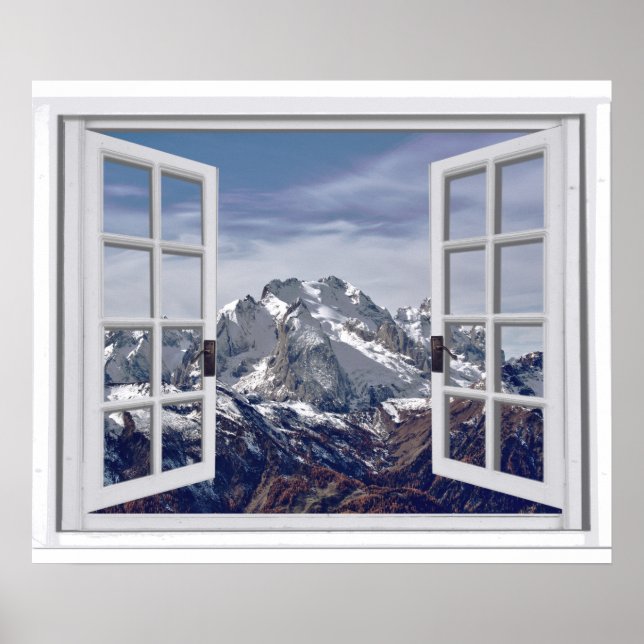 Snow Capped Mountain Peaks Faux Window Scene Poster (Vorne)