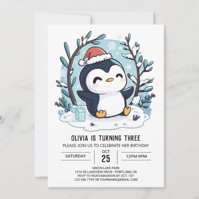 Snow Charming Penguin Digital Geburtstag Einladung (Vorderseite)