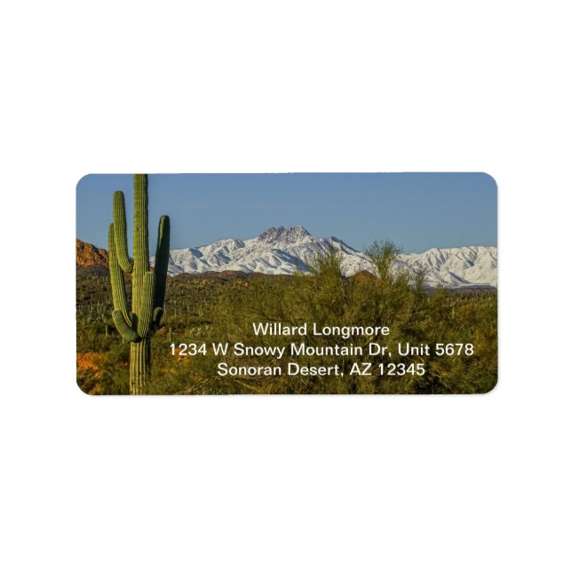 Snow Covered Mountains Saguaro Cactus Arizona USA Adressaufkleber (Vorne)