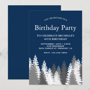 Snow Covered Pine Trees Navy Blue Birthday Party Einladung