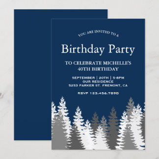 Snow Covered Pine Trees Navy Blue Birthday Party Einladung