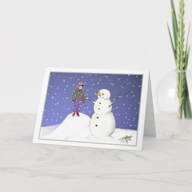 Snow Friends (Junge mit Snowman) Weihnachtskarte Karte (Vorderseite)
