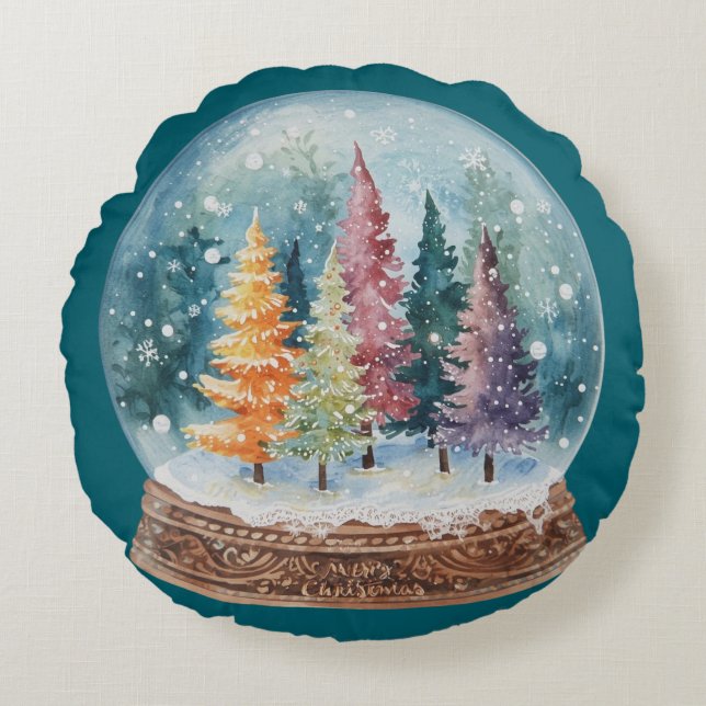 Snow Globe Colorful Christmas Tree Forest Rundes Kissen (Vorderseite)