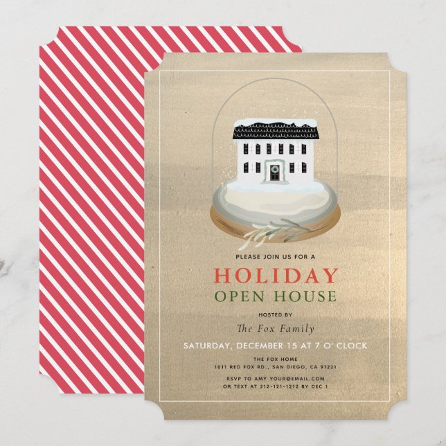 Snow Globe House Gold Holiday Open House Einladung (Vorne/Hinten)