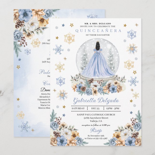 Snow Globe Princess Winter Wonderland Quinceañera Einladung (Vorne/Hinten)