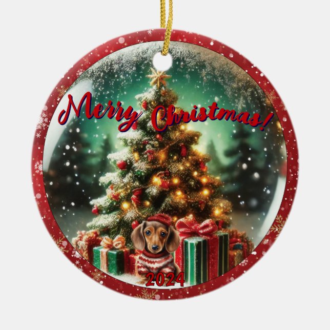 Snow Globe Vibe: Dackel Baumszene Keramik Ornament (Vorne)