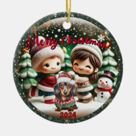 Snow Globe Vibe: Dackel Children Scene Keramik Ornament