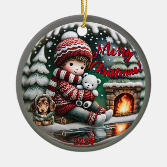 Snow Globe Vibe: Dackel Fireplace Scene Keramik Ornament (Vorne)
