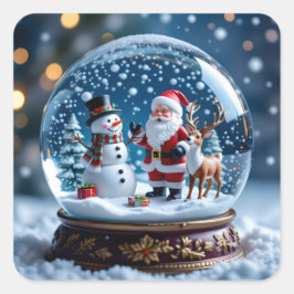 Snow globe with Santa and Reindeer Quadratischer Aufkleber