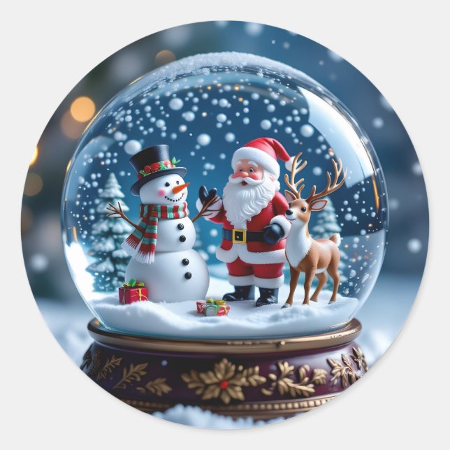Snow globe with Santa and Reindeer Runder Aufkleber (Vorderseite)