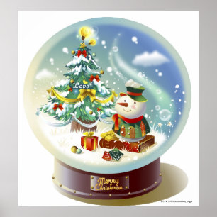 Snow globe with snowman and Christmas tree Poster