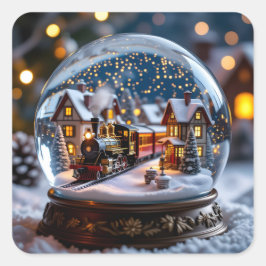Snow globe with Vintage Train and Village Quadratischer Aufkleber