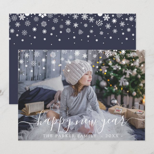 Snow Happy New Year Foto Card Ankündigung (Vorne/Hinten)