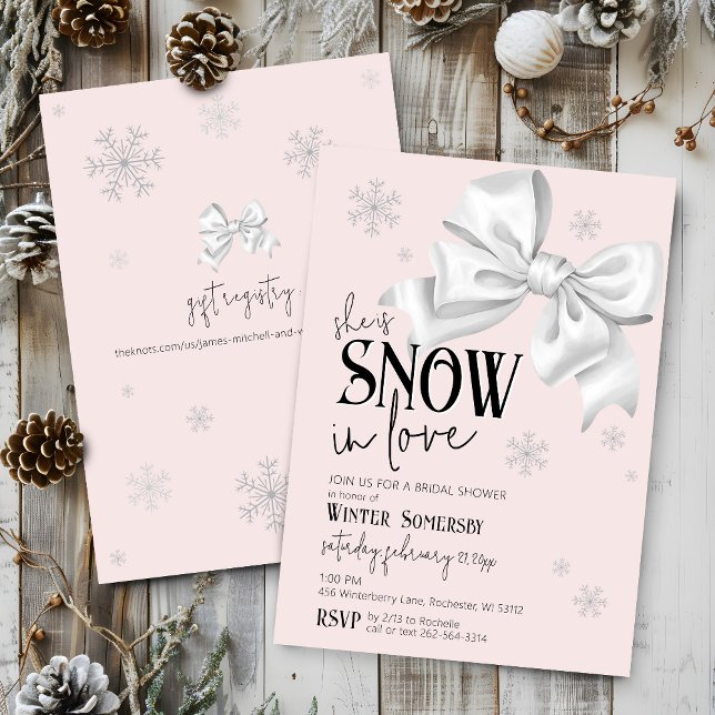 Snow In Love Modern Bow Pink Winter Bridal Shower Einladung (Simple elegant minimal Snow In Love watercolor white bow snowflakes pink bridal shower invitation)