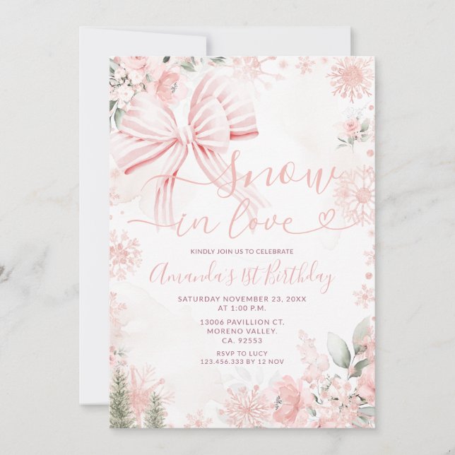 Snow In Love Pink Bow Floral Christmas Birthday Einladung (Vorderseite)