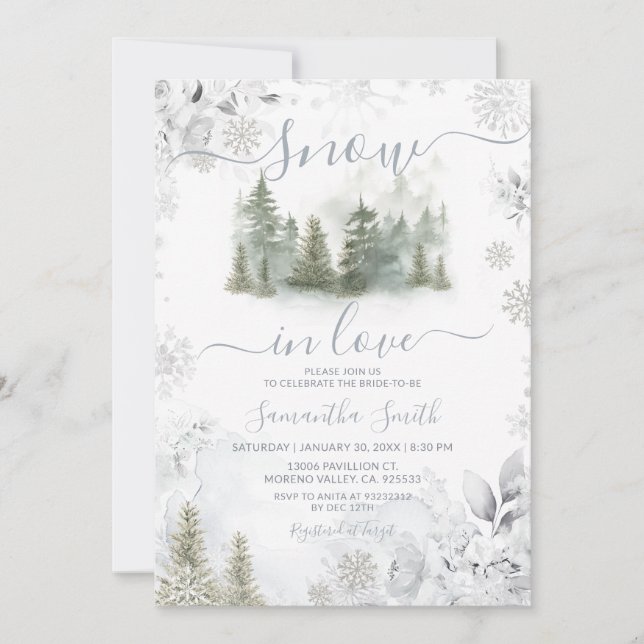 Snow In Love Silver Winter Pine Tree Bridal Shower Einladung (Vorderseite)