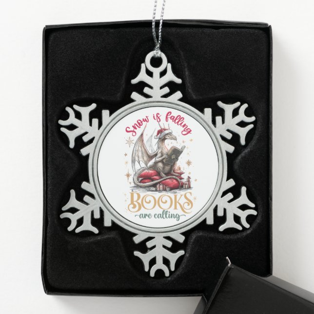 Snow Is Falling, Books Are Calling  Schneeflocken Zinn-Ornament (Box)