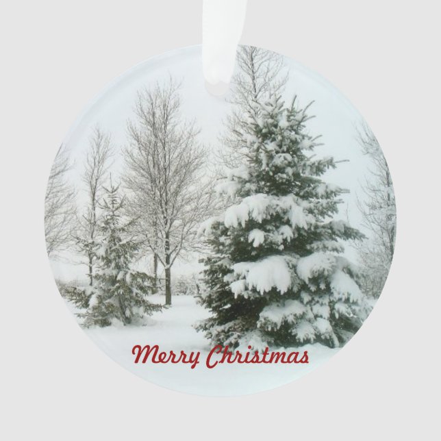 Snow-Laden Bäume, frohe Weihnachten Ornament (Vorderseite)