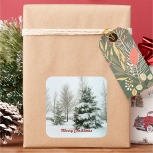 Snow-Laden Bäume, frohe Weihnachten, Quadratischer Aufkleber
