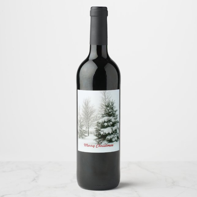 Snow-Laden Bäume, frohe Weihnachten Weinetikett (Vorderseite)