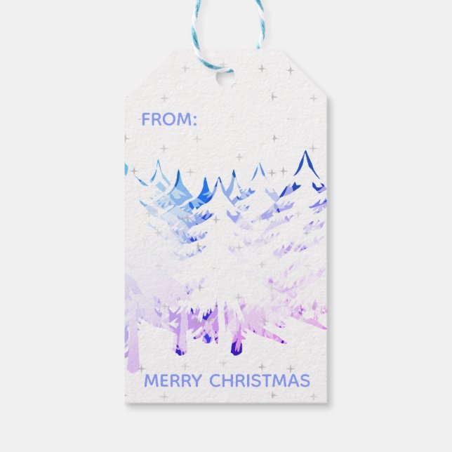 Snow Laden Weihnachtsbäume in Blau Lila und Weiß Geschenkanhänger (Rückseite)