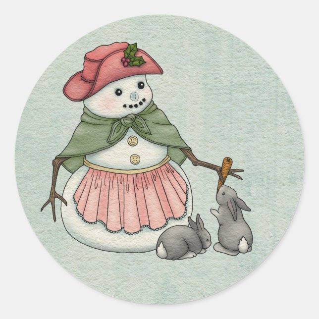 Snow Lady mit Bunnies Weihnachtsfeiertag Runder Aufkleber (Vorderseite)
