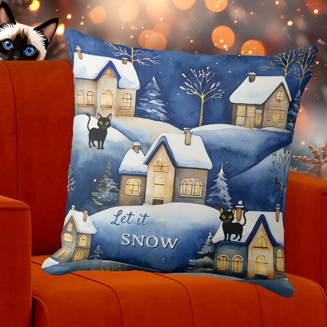 Snow Landscape Cute Winter Cat Kissen (Pillow featuring a painting of a cool snow covered winter landscape with cute cats - Christmas)