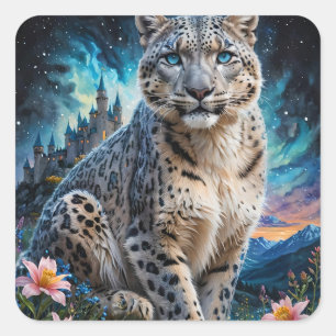 Snow Leopard Bergsee-Zauber Quadratischer Aufkleber