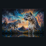 Snow Leopard Burg Sonnenaufgang Poster<br><div class="desc">Schneeleoparden im wilden Tal der Blume eines magischen Landes mit Schlössern bei Sonnenaufgang. Kunst von minx267</div>