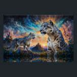 Snow Leopard Burg Sonnenaufgang Poster<br><div class="desc">Schneeleoparden im wilden Tal der Blume eines magischen Landes mit Schlössern bei Sonnenaufgang. Kunst von minx267</div>