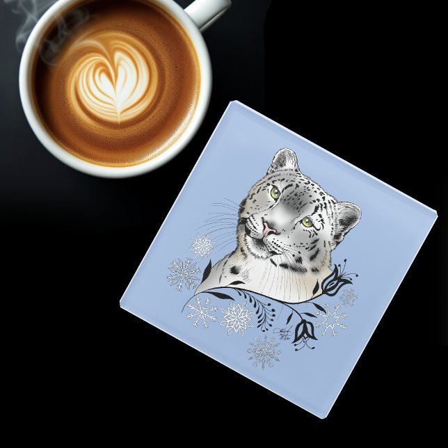 Snow Leopard Snowflakes Blaue Blumen Glasuntersetzer (Von Creator hochgeladen)