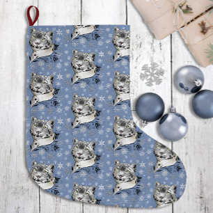 Snow Leopard Snowflakes Blaue Blumen Großer Weihnachtsstrumpf
