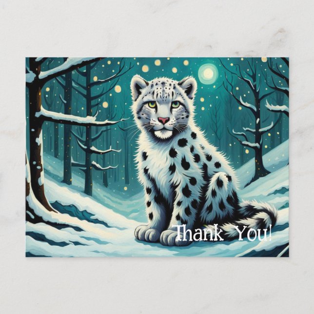 Snow Leopard Snowy Forest Night Postkarte (Vorderseite)