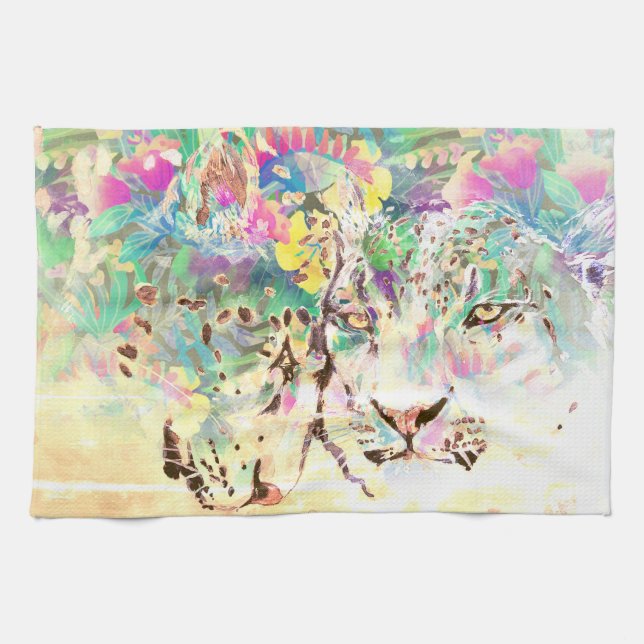 Snow Leopard tropische Blume Hawaiianische Pastell Geschirrtuch (Horizontal)