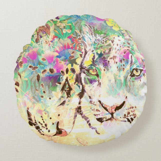 Snow leopard tropische Blume Hawaiianisches Tier Rundes Kissen (Vorderseite)
