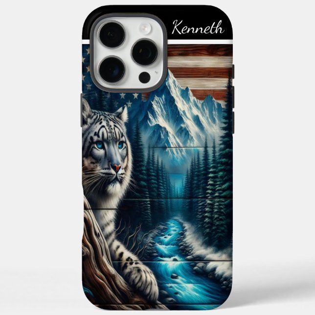 Snow Leopard unter amerikanischer Flagge iPhone 16 Pro Max Hülle (Rückseite)
