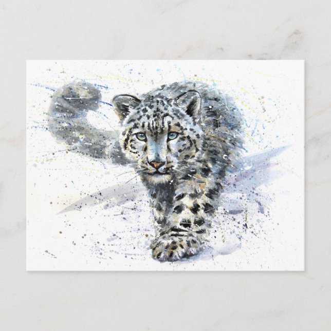 Snow Leopard Wasserfarbe Postkarte (Vorderseite)