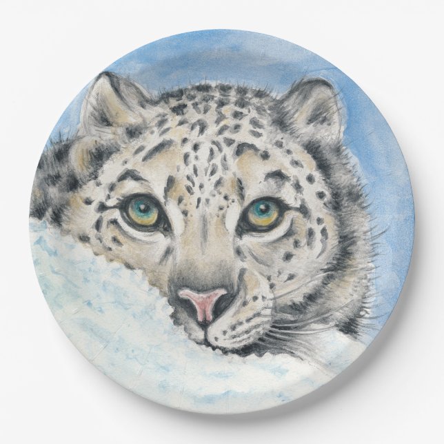 Snow Leopard Wasserfarben Kunst Pappteller (Vorderseite)