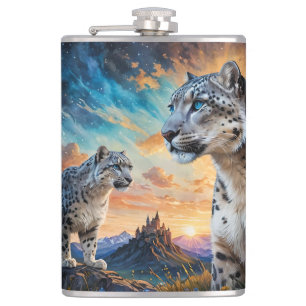Snow Leopard Wildfire Sunrise Reflexion Flachmann
