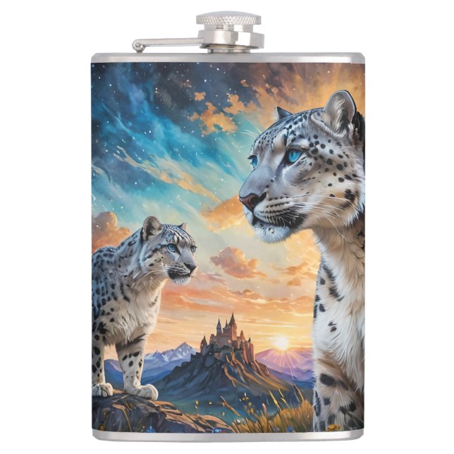 Snow Leopard Wildfire Sunrise Reflexion Flachmann (Vorderseite)